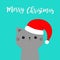 Merry Christmas cat. Gray face in red Santa hat. Funny kawaii doodle baby animal. Cute cartoon funny character. Kitten kitty. Pet