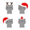 Merry Christmas. Cat set. Cute cartoon funny character. Gray face icon in red santa hat, dee horns. Kitten kitty. Funny kawaii
