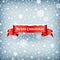 Merry Christmas celebration background with falling snow and red banner ribbon vector illustration