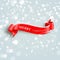 Merry Christmas celebration background with red realistic ribbon banner and snow