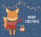 Merry christmas celebration cute fox with sweater holding ball and lights decoration