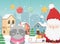 Merry christmas celebration cute santa raccoon sled gifts town snow balls stars