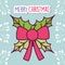 Merry christmas celebration red ribbon bow leaves branches snow