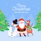 Merry Christmas characters of Santa Claus, Reindeer and Snowman. Happy Winter Holidays New Year greeting card