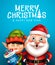 Merry christmas characters vector design. Merry christmas text with santa claus and elf character in friendly and happy.
