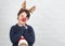 Merry Christmas.Child in a Rudolph Reindeer christmas costume