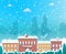 Merry Christmas, city on winter background, cozy snowy town at holiday eve, christmas village for greeting and postal card