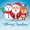 Merry Christmas companions with cute cartoon Santa Claus, Snowman and Reindeer