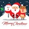 Merry Christmas companions with cute cartoon Santa Claus, Snowman and Reindeer