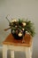 Merry Christmas composition. Floral bouquet with christmas balls, fir-tree branches