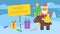 Merry Christmas composition Santa sitting on reindeer holding gift bag and Christmas tree. Greeting video card