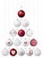Merry Christmas concept, shiny glass decorated red balls forming Christmas tree, isolated on white background, template for