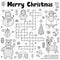 Merry Christmas crossword game for kids. Black and white educational activity page for coloring