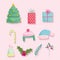 Merry christmas, cute cartoon tree gifts candy cane warm hats and holly berry icons