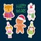Merry christmas, cute female fox helper and bunny stickers cartoon icons