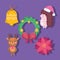 Merry christmas, cute hedgehog wreath flower deer flower and bell cartoon icons