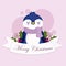 Merry christmas, cute penguin animal ribbon holly berry card