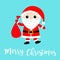 Merry Christmas. Cute Santa Claus holding carrying sack gift bag. Red hat, costume, big beard, golden belt. Cartoon kawaii funny