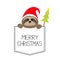 Merry Christmas. Cute sloth face head in the pocket. Santa hat. Fir tree. Cartoon animal. Lazy character. Dash line. White and