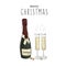 Merry Christmas decoration, champagne bottle and glasses full of drink with  bubbles, luxury dcoration, New Year Eve  party design