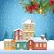 Merry christmas design of colorful snowy houses and christmas ornaments