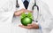 Merry Christmas from doctor,, best wishes concept, hands with xmas green ball, gift card banner web template with copy space