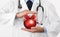 Merry Christmas from doctor,, best wishes concept, hands with xmas red ball, gift card banner web