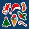 Merry Christmas embroidery patches. Candy, Santa Claus, tree, candy. Set of Happy New Year stickers, pins, magnets in