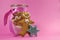 Merry Christmas festive gingerbread men in glass cookie jar with copy space