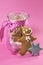 Merry Christmas festive gingerbread men in glass cookie jar cose up