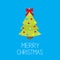 Merry Christmas Fir-tree icon. Red bow tip top. Round ball light candy cane toy set. Green triangle simple shape form. Blue backgr