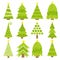 Merry Christmas Fir tree icon set. Round ball light bulb. Yellow star. Cute cartoon green different triangle simple shape form.