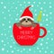 Merry Christmas. Fir tree. Sloth sitting in red coffee cup teacup. Santa hat. Face and hands. Cute cartoon character. Hello winter