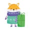 Merry christmas fox with warm clothes and gift box celebration