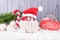 Merry Christmas. Funny apple with eyes and Santa Claus hat, snow and striped candy cane on a gray background