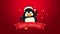 Merry Christmas with funny penguin and snow on red background