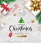 Merry Christmas Gift box collections with santa`s staff, Pine leaves and gold ribbons flyer poster concept design on crumpled whit