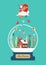 Merry christmas glass ball with Santa in sledge with gift boxes falling to winter house