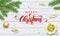 Merry Christmas golden decoration, greeting card calligraphy font on white wooden background. Vector Christmas tree and New Year g