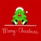 Merry Christmas greeting card with Christmas Tree sitting on red