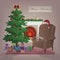 Merry Christmas greeting card. A cozy home interior with a burning fireplace, armchair, cat, christmas tree, gifts, candles.