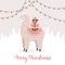 Merry Christmas greeting card. Cute Alpaca with gift boxes