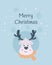 Merry Christmas greeting card. Cute reindeer character with scarf. Christmas animals, winter time. Vector illustration