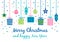 Merry Christmas greeting card with cute various gift presents, christmas balls and stars hang on ribbon in blue, green and pink