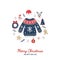 Merry Christmas greeting card with cute warm sweater