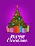 Merry Christmas, greeting card. Decorated xmas tree and gifts. Vector illustration