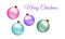 Merry Christmas greeting card design with realistic pink blue volet and green glass christmas balls, 3d Baubles. Vector