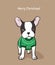 Merry Christmas greeting card with French bulldog puppy dressed up in green sweater