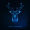 Merry Christmas greeting card with futuristic glowing low poly deer head on dark blue background