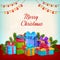 Merry Christmas greeting card. Gift boxes, decorative lamps, garlands.